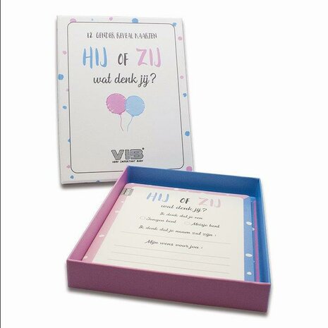 Box met 12 VIB® Gender Reveal 'Hij of Zij, wat denk jij?' Cards (invulbaar & bewaarbaar)